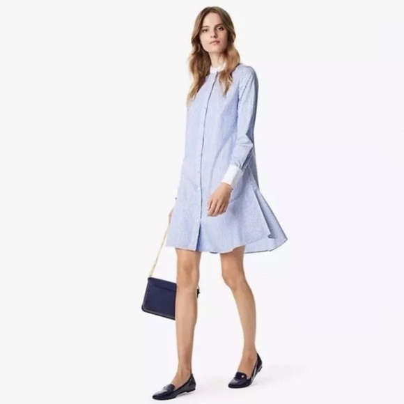 TORY BURCH Cora Cotton Shirt Dress Tunic Blue White Pinstripe Button Down 4 - Picture 1 of 11